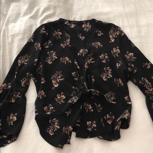 Black floral front tie blouse